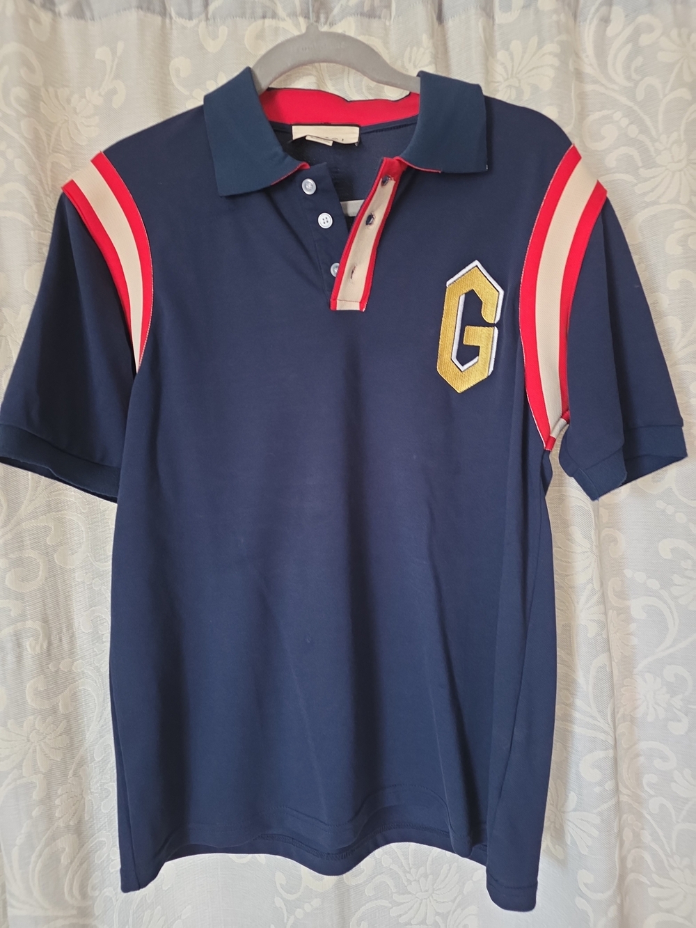 Gucci Navy Polo with Red and White Stripes and Gold G Patch